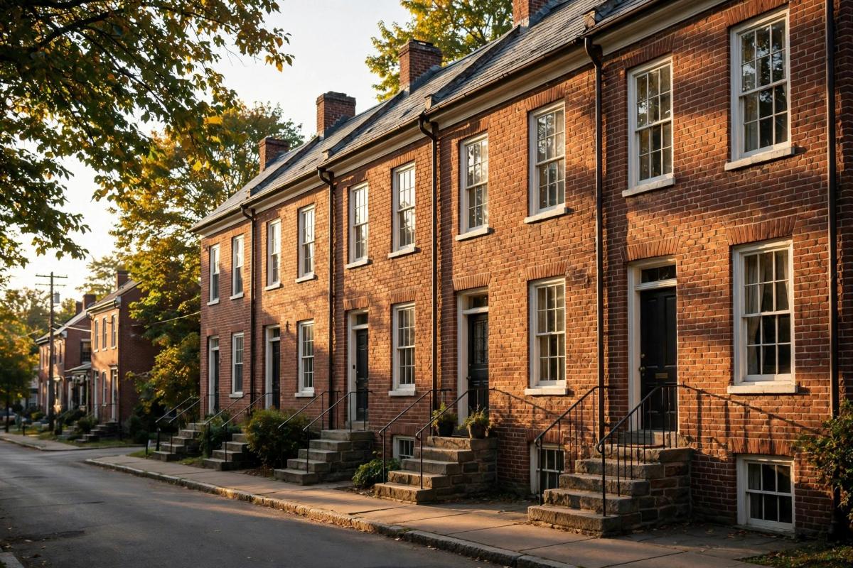 Brick village homes on a quiet street
