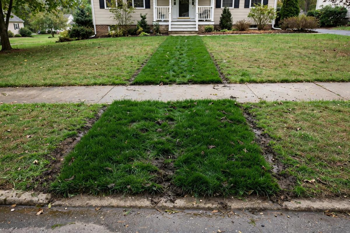 Strip of lush green grass over a leaking water line in a front yard