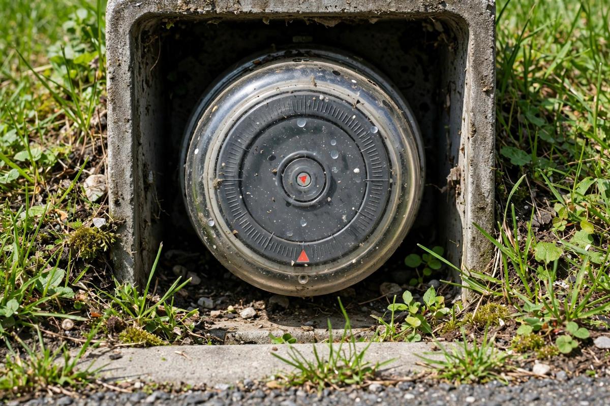 Water meter dial inside an open meter box at the curb