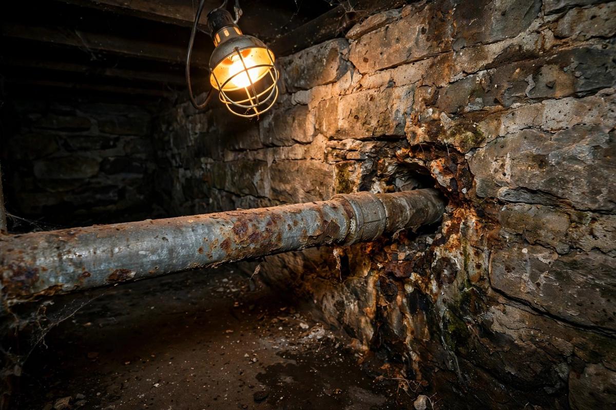 Old galvanized pipe entering through a stone basement wall