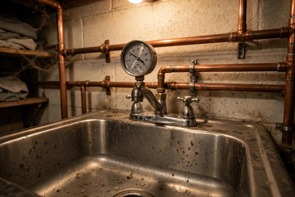 Pressure gauge on a basement utility sink faucet
