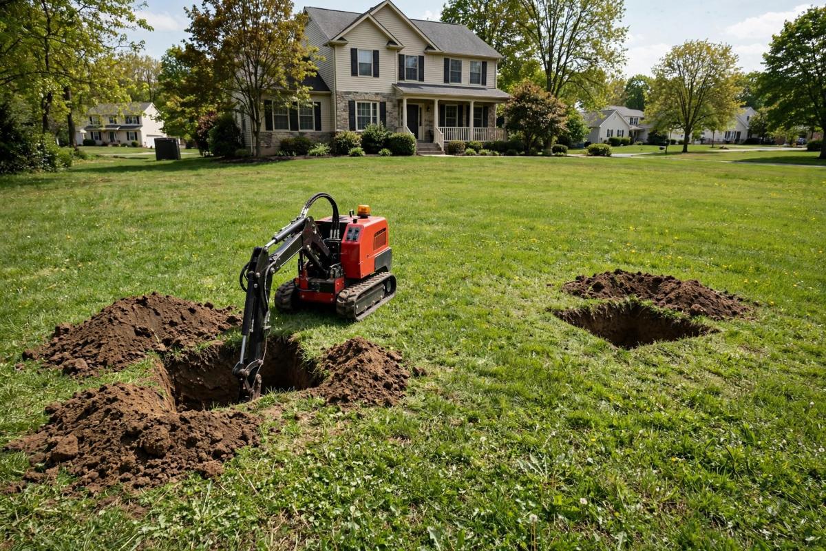 Two small access pits for trenchless water line work on a lawn