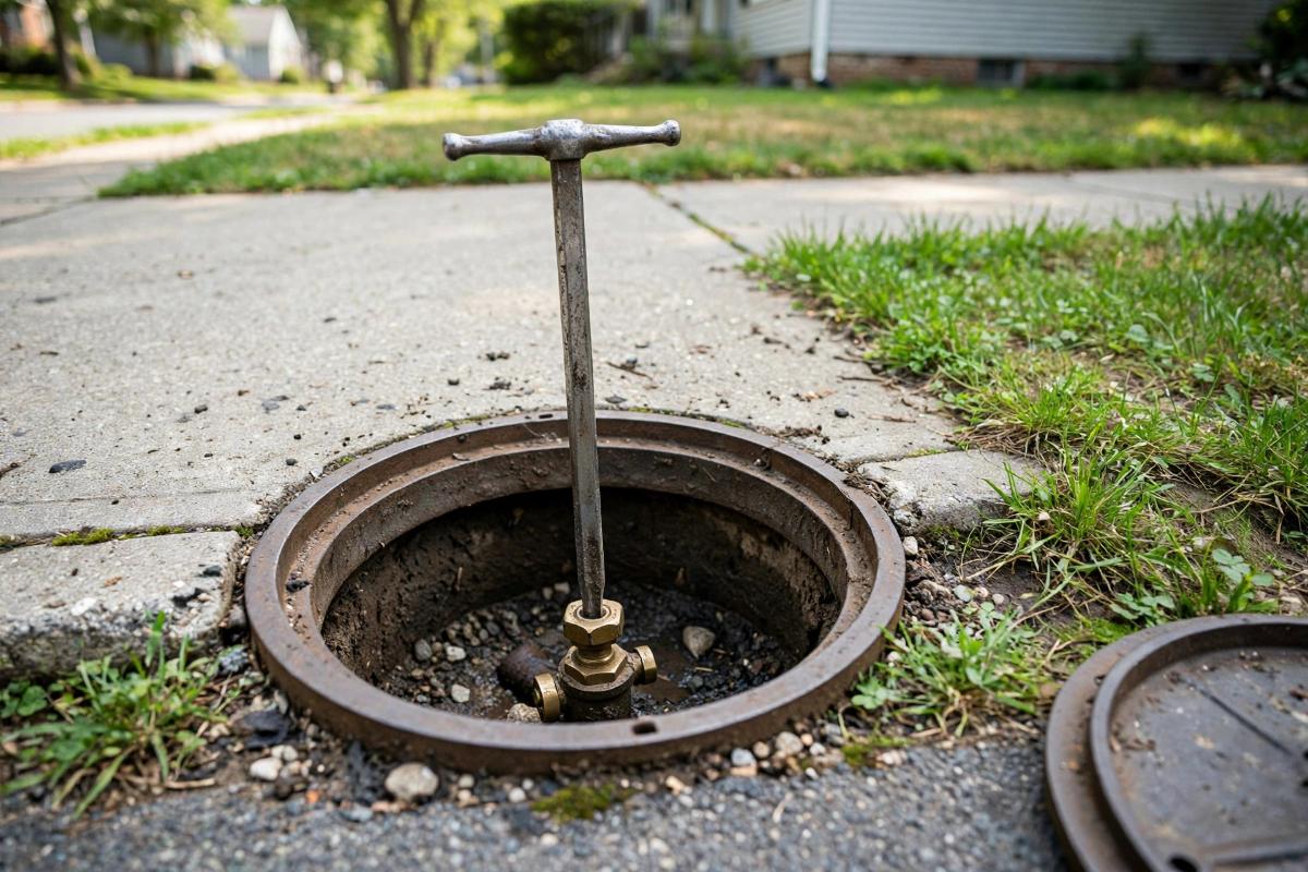 Open curb box with an operating key on the curb stop valve