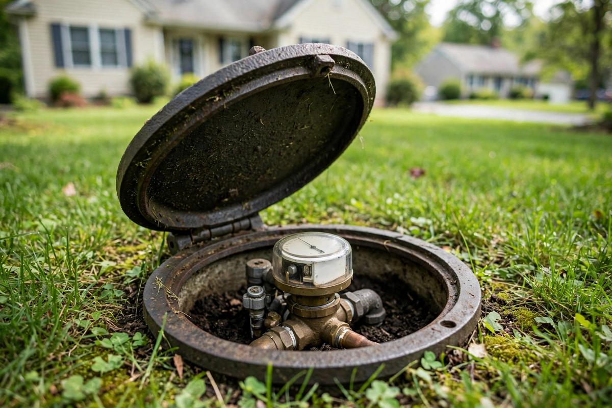 Water meter box with the lid ajar in a lawn