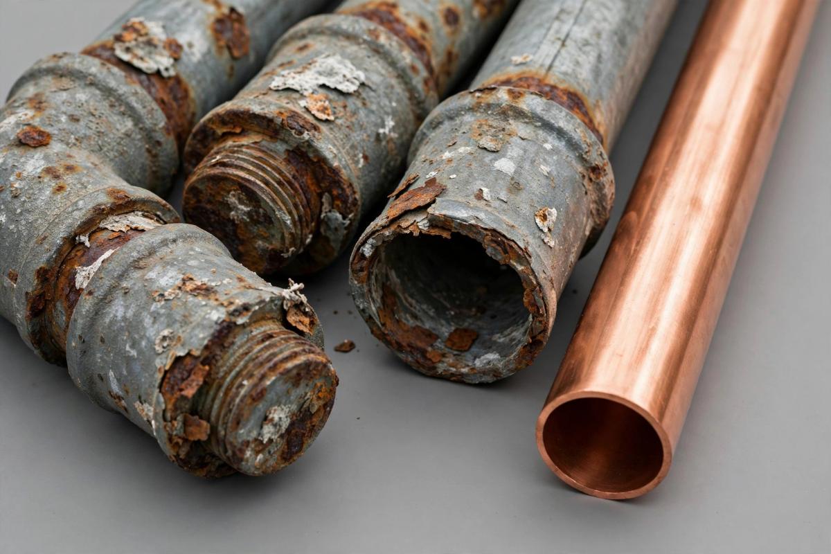 Corroded galvanized pipes next to a new copper pipe