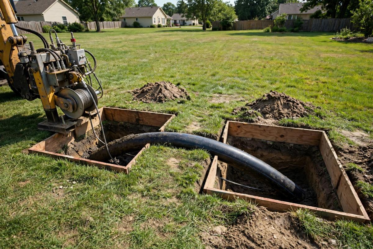 Trenchless pipe pulling setup between two small access pits on a lawn