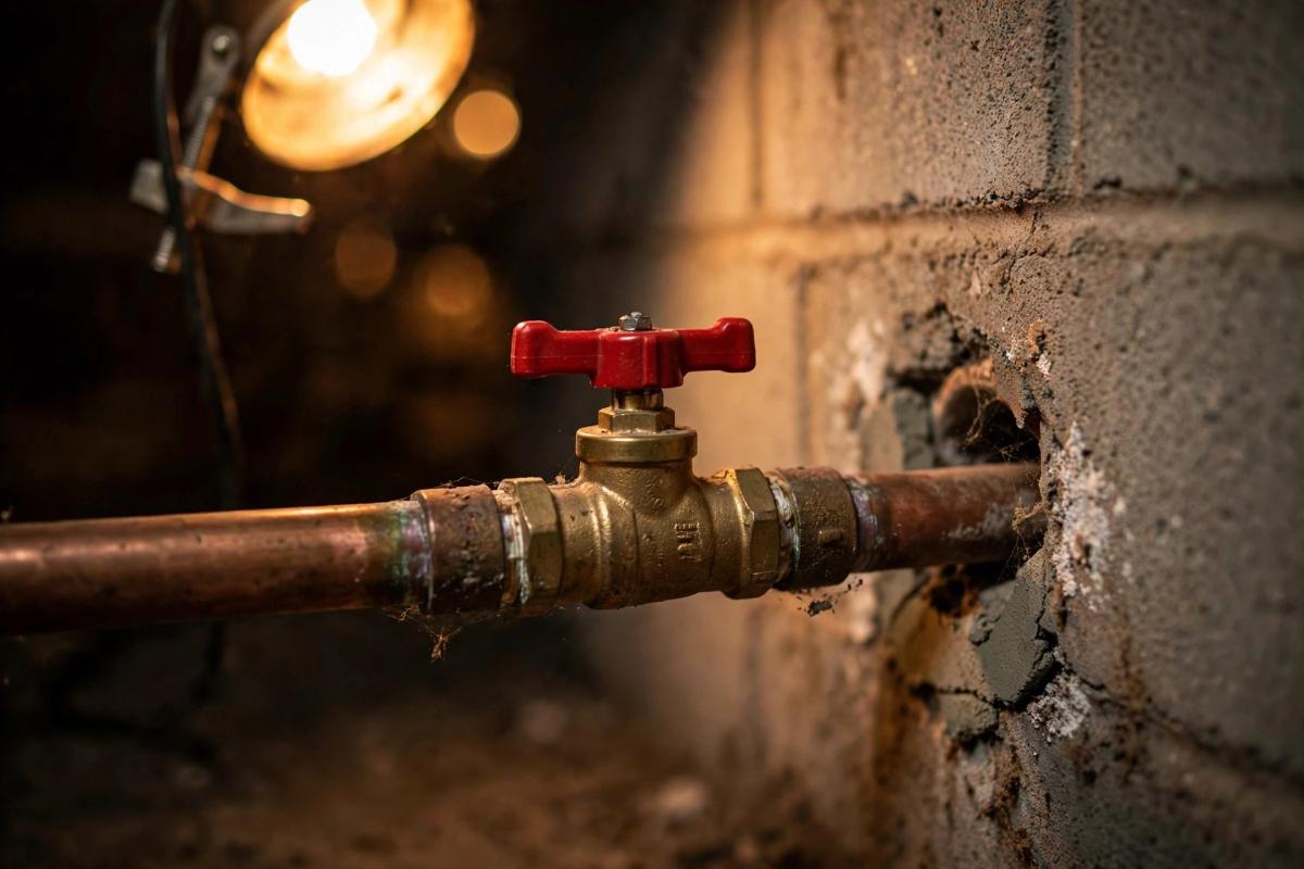 Brass main shut off valve on a copper pipe entering a basement