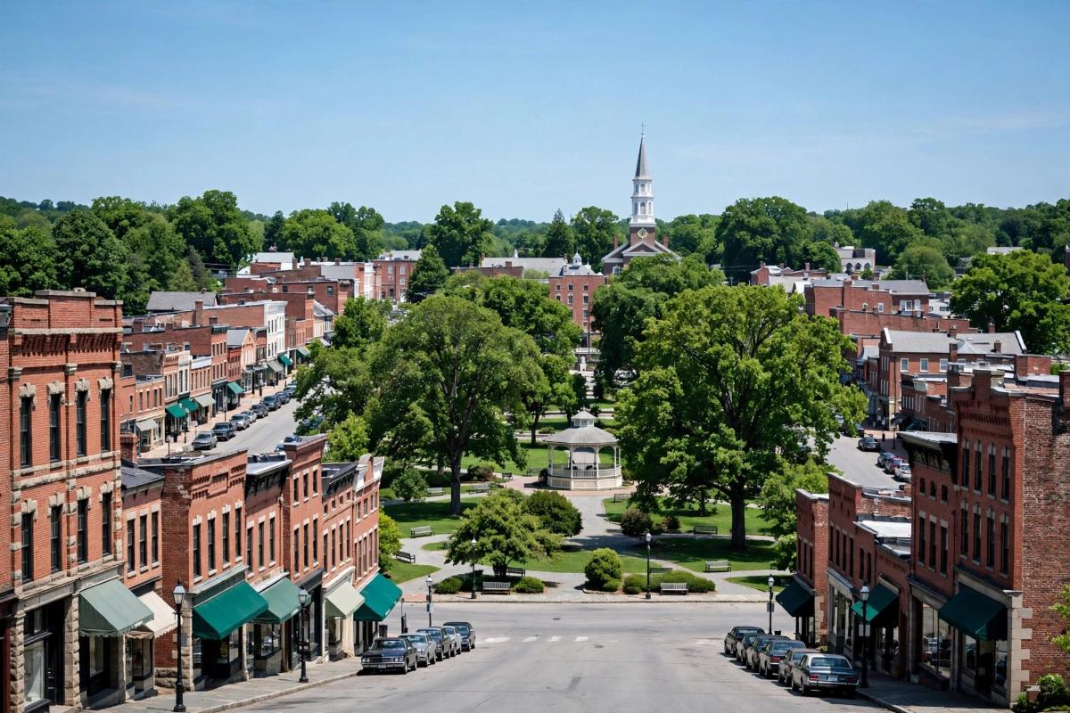 Main street and town square on a clear day