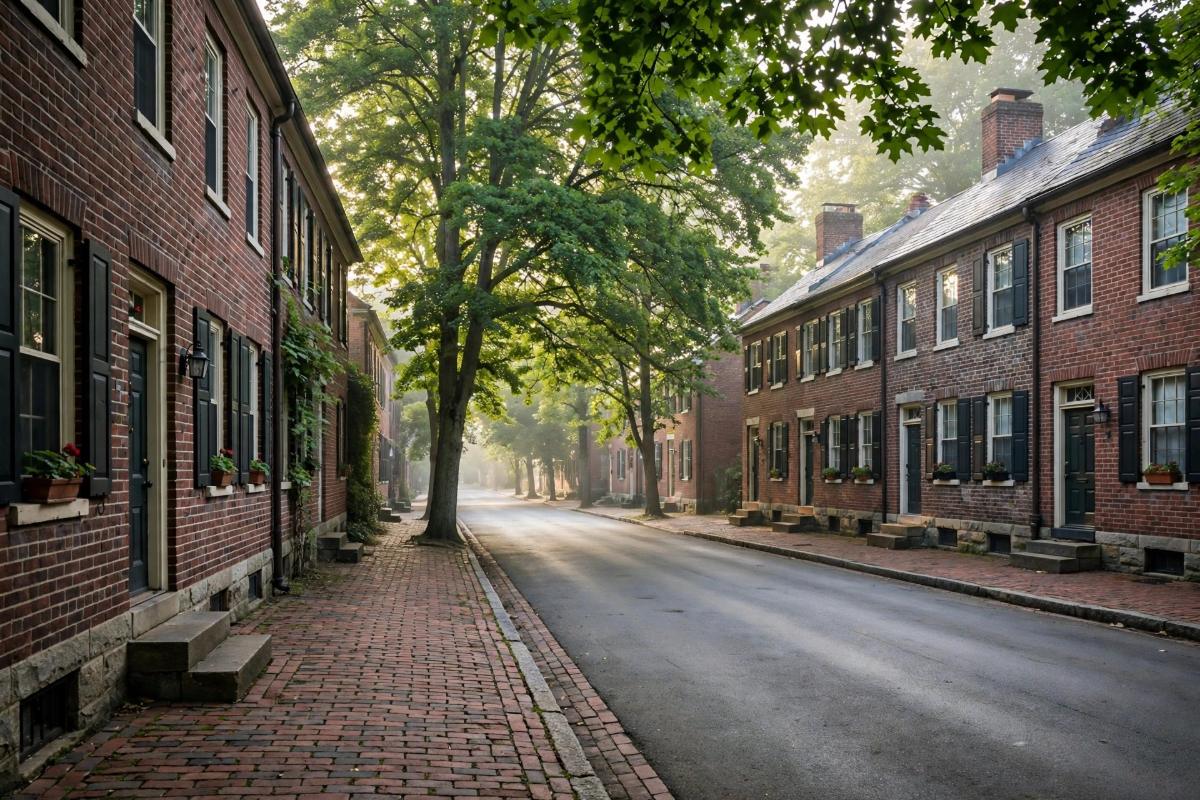 Historic brick row homes along a tree lined street