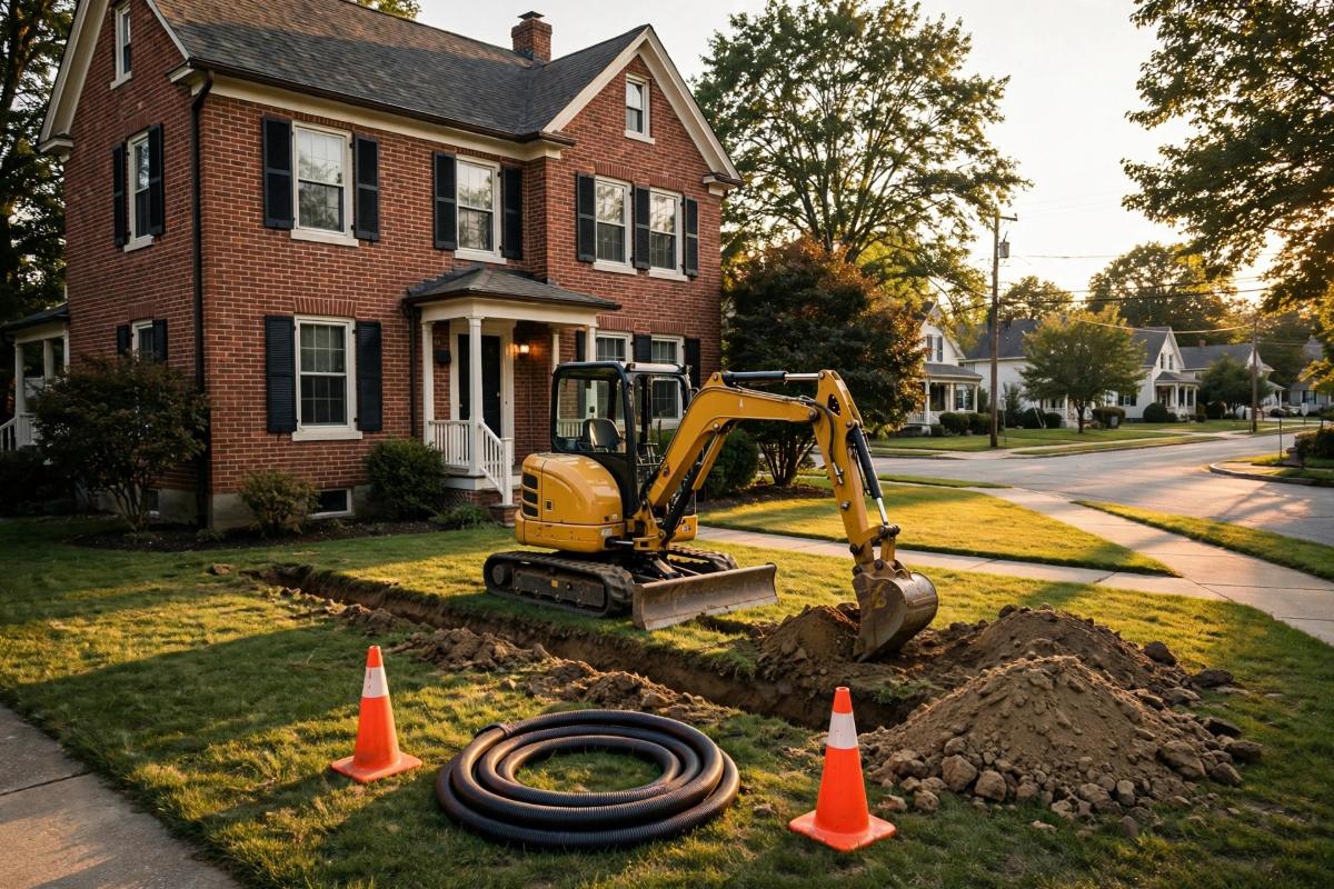 Excavator digging a trench for a new main water line in the front yard of a brick home