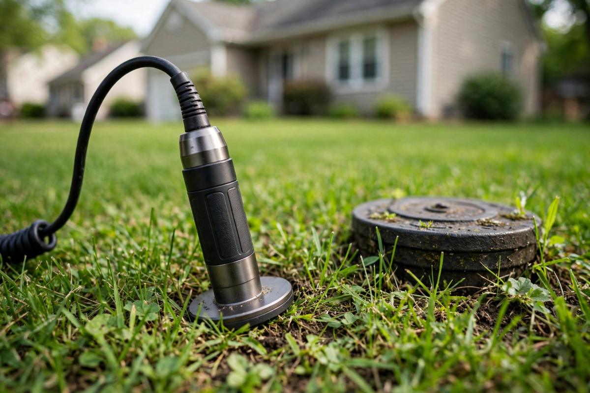 Acoustic leak detection microphone on a lawn above a buried water line