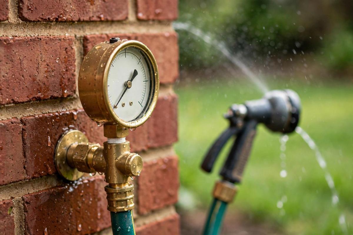 Pressure gauge on an outdoor hose bib showing low pressure at a home