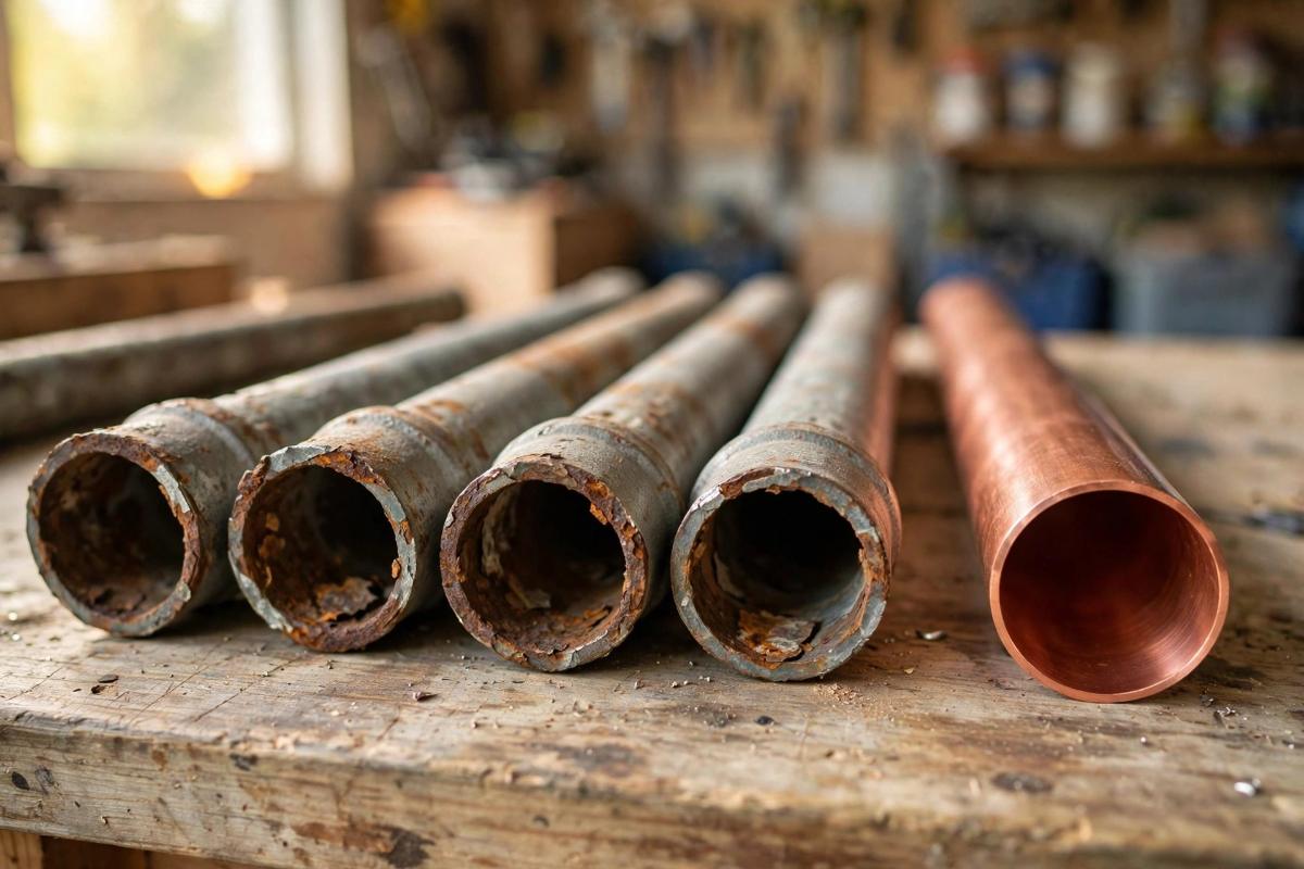 Old corroded galvanized pipes beside a new copper pipe section