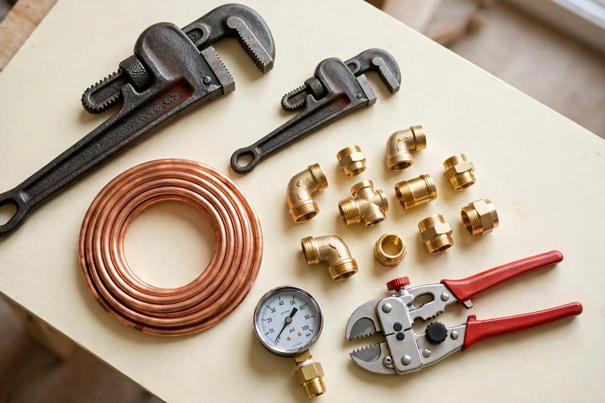 Plumbing tools and pipe fittings arranged on a workbench for main water line work
