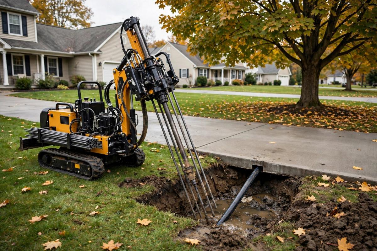 Directional drilling machine pulling a new water line under a driveway