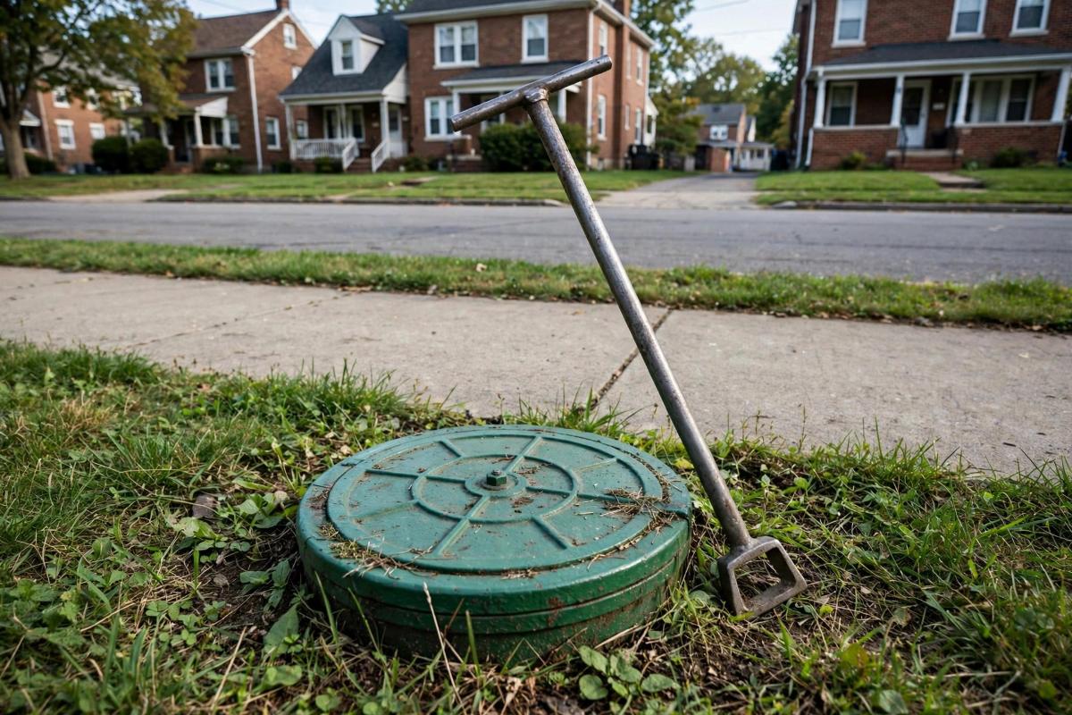 Curb box valve cover in the grass strip along a residential street